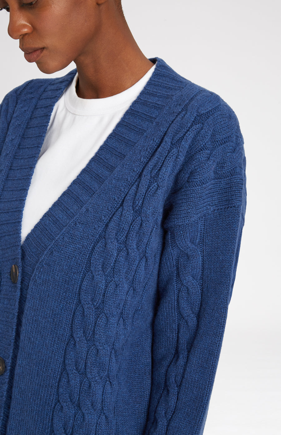 Superfine Wool Cardigan with Cable detail in Storm Blue neck detail - Pringle of Scotland