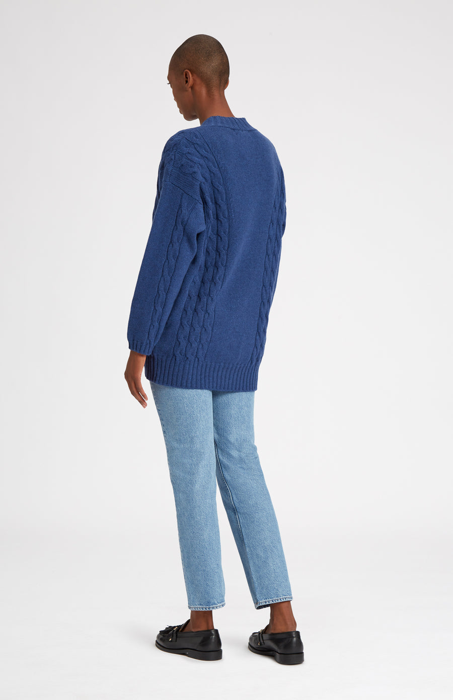 Superfine Wool Cardigan with Cable detail in Storm Blue rear view - Pringle of Scotland