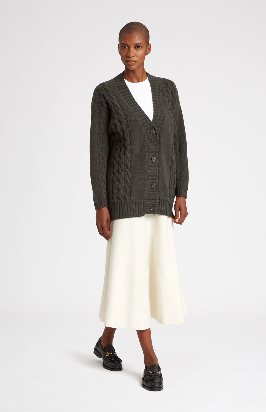 Superfine Wool Cardigan with Cable detail in Khaki on model full length - Pringle of Scotland