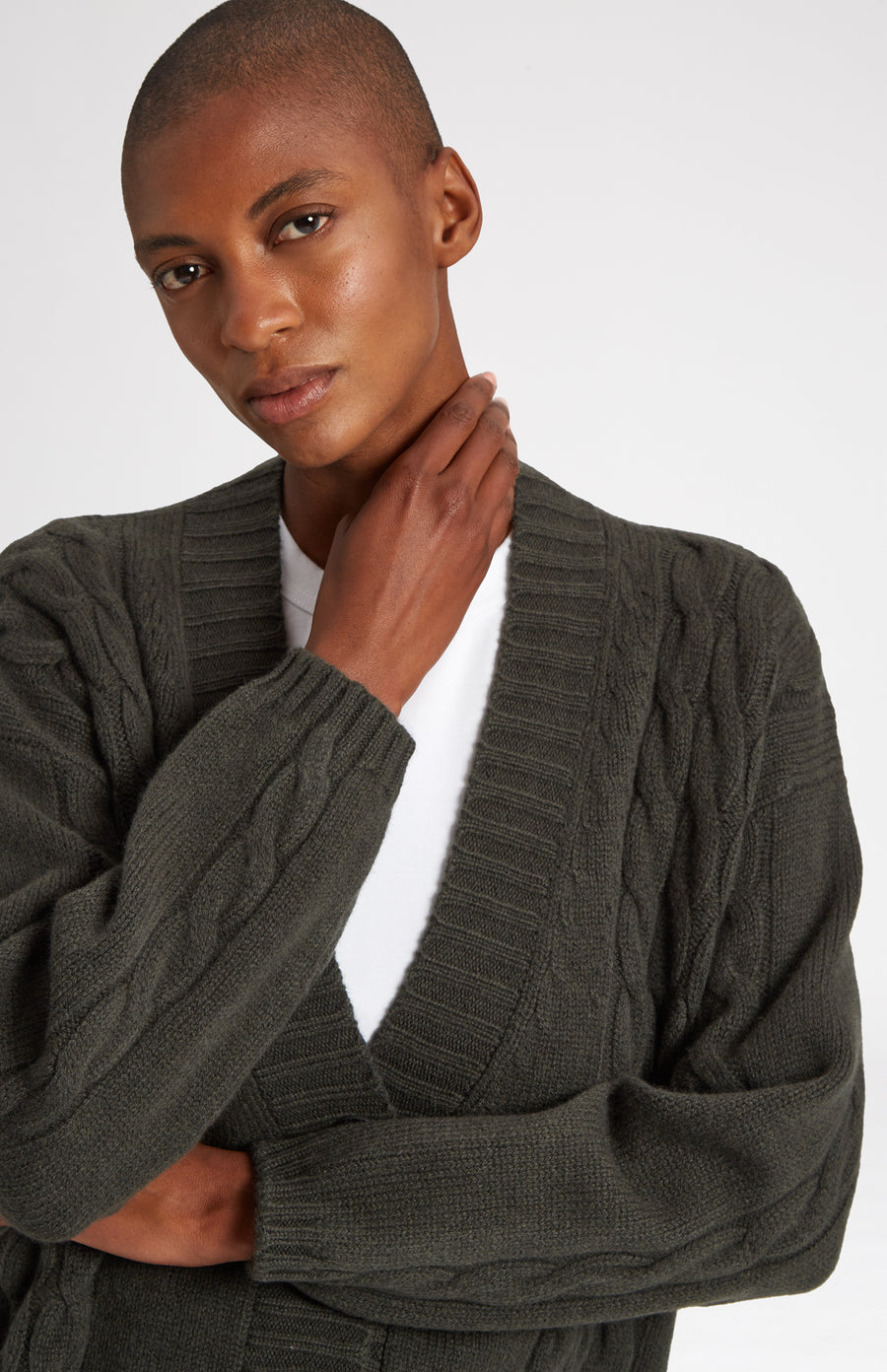Superfine Wool Cardigan with Cable detail in Khaki on model - Pringle of Scotland