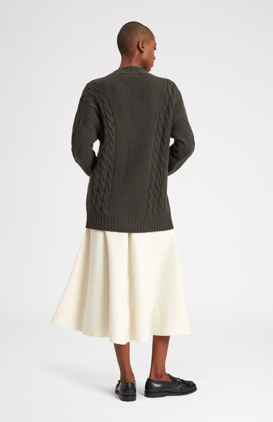 Superfine Wool Cardigan with Cable detail in Khaki rear view - Pringle of Scotland