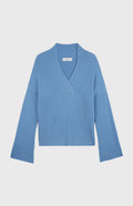 Wool Cashmere Blend Shawl Neck Jumper with in Cornflower Blue rear view - Pringle of Scotland