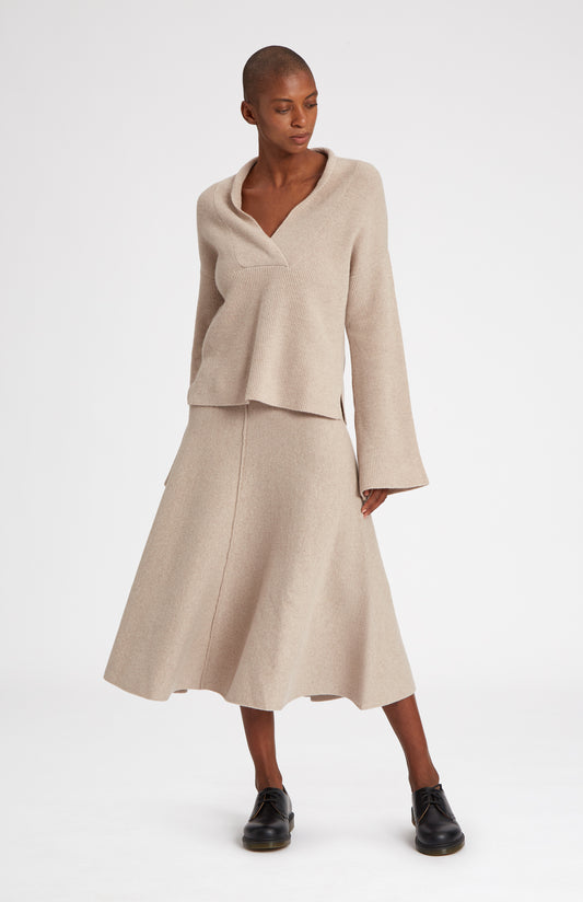 Cashmere Blend Midi Skirt In Stone Melange on model full length - Pringle of Scotland