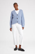 Women's Cropped Cosy Cashmere Cardigan In Sky on model full length  - Pringle of Scotland