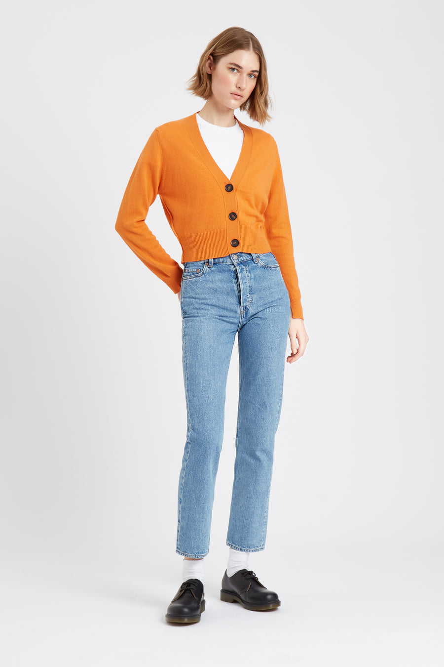 Pringle of Scotland Women's Cropped Cashmere Cardigan In Burnt Orange on model full length