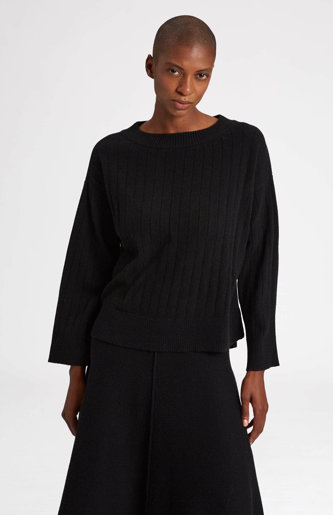 Wool Cashmere Blend Wide Neck Rib Jumper in Black - Pringle of Scotland