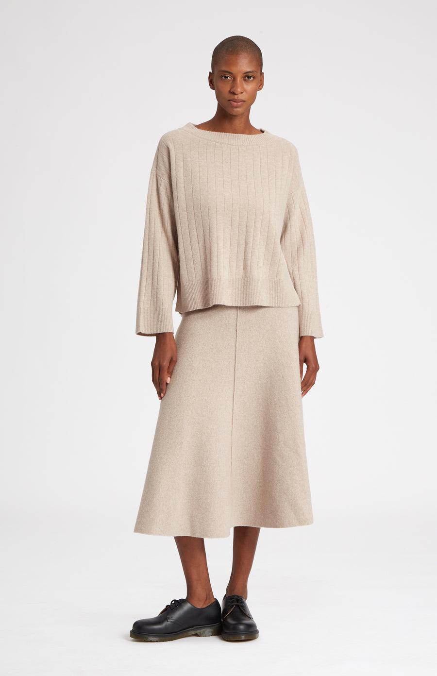 Wool Cashmere Blend Wide Neck Rib Jumper in Stone Melange with matching skirt - Pringle of Scotland