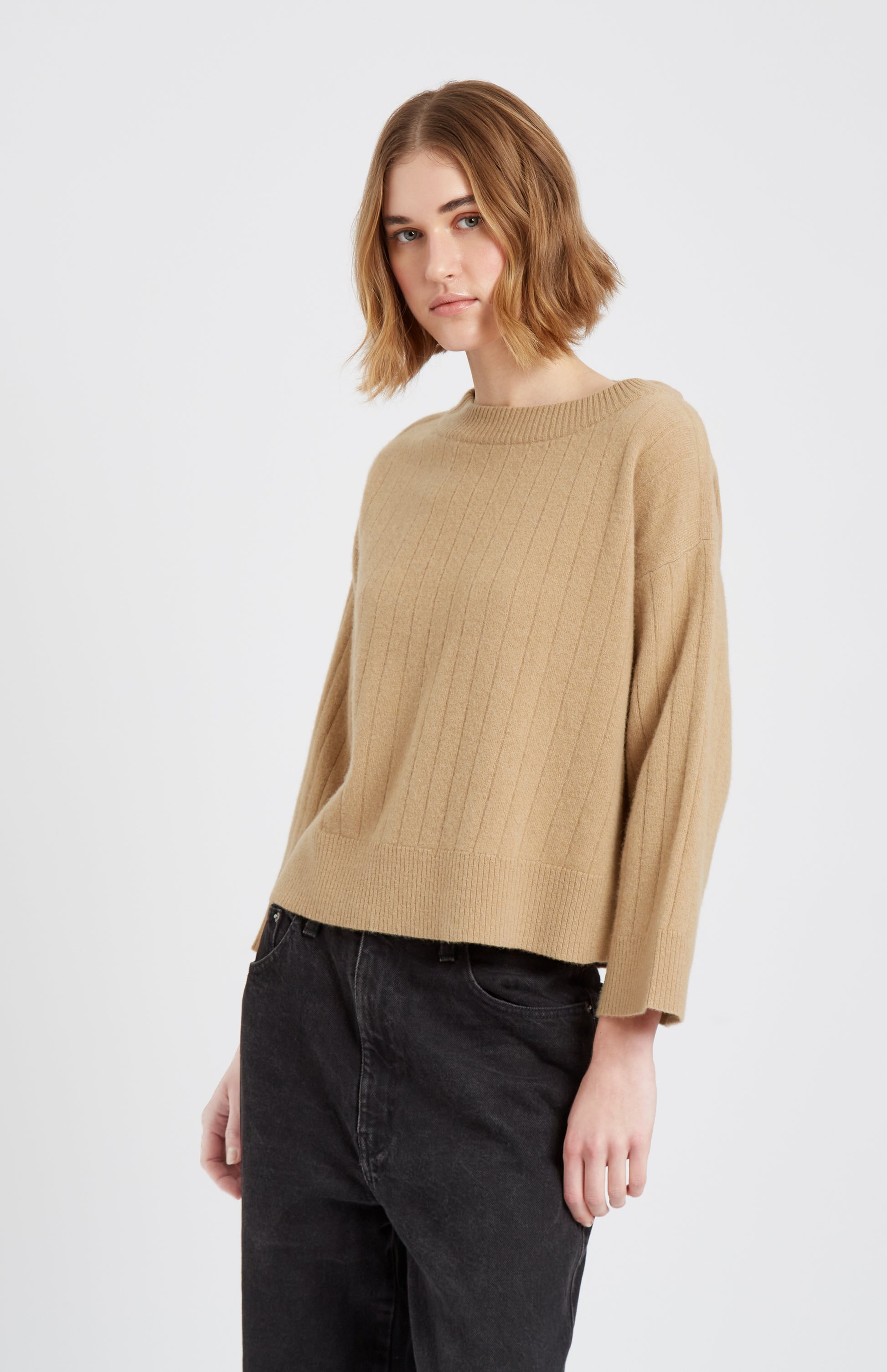 Pringle of Scotland Wool Cashmere Blend Wide Neck Rib Jumper In Sand on model