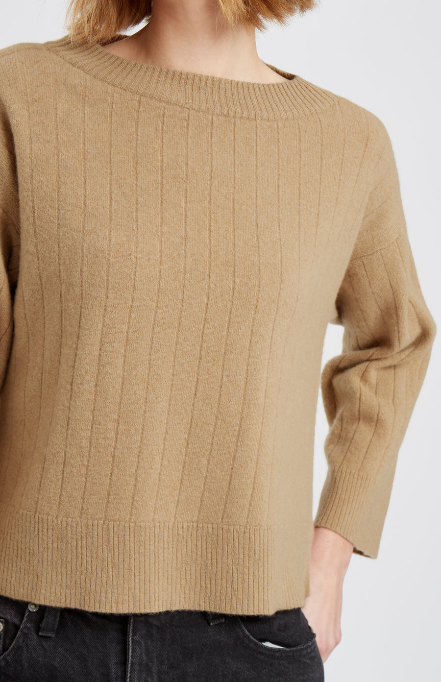 Pringle of Scotland Wool Cashmere Blend Wide Neck Rib Jumper In Sand showing neck detail