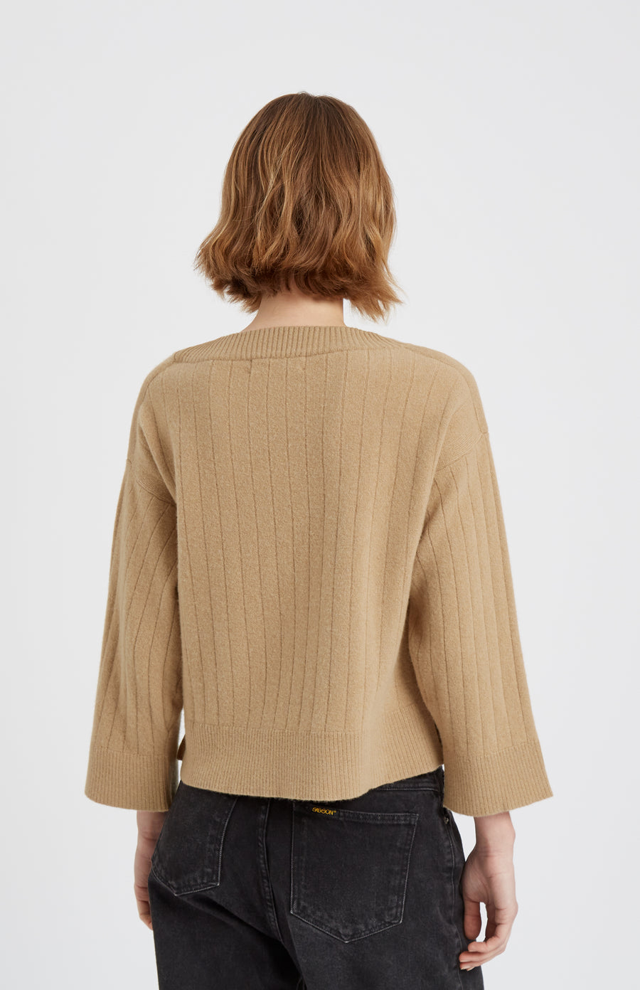 Pringle of Scotland Wool Cashmere Blend Wide Neck Rib Jumper In Sand rear view
