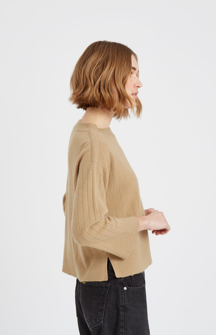 Pringle of Scotland Wool Cashmere Blend Wide Neck Rib Jumper In Sand side view showing sleeve