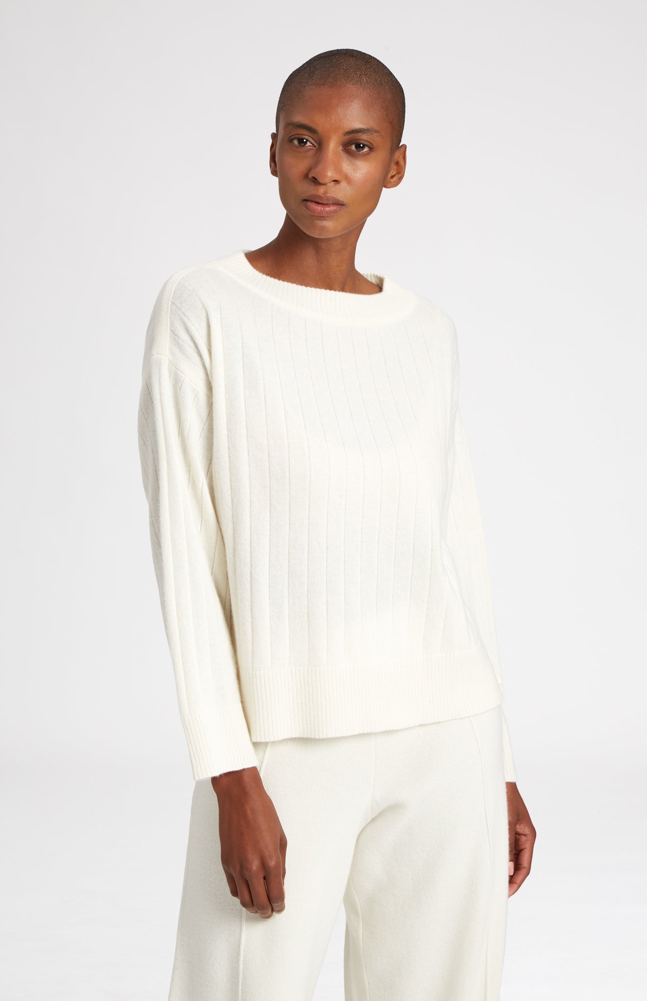 Wool Cashmere Blend Wide Neck Rib Jumper in Cream on model - Pringle of Scotland