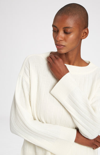 Wool Cashmere Blend Wide Neck Rib Jumper in Cream neck detail - Pringle of Scotland