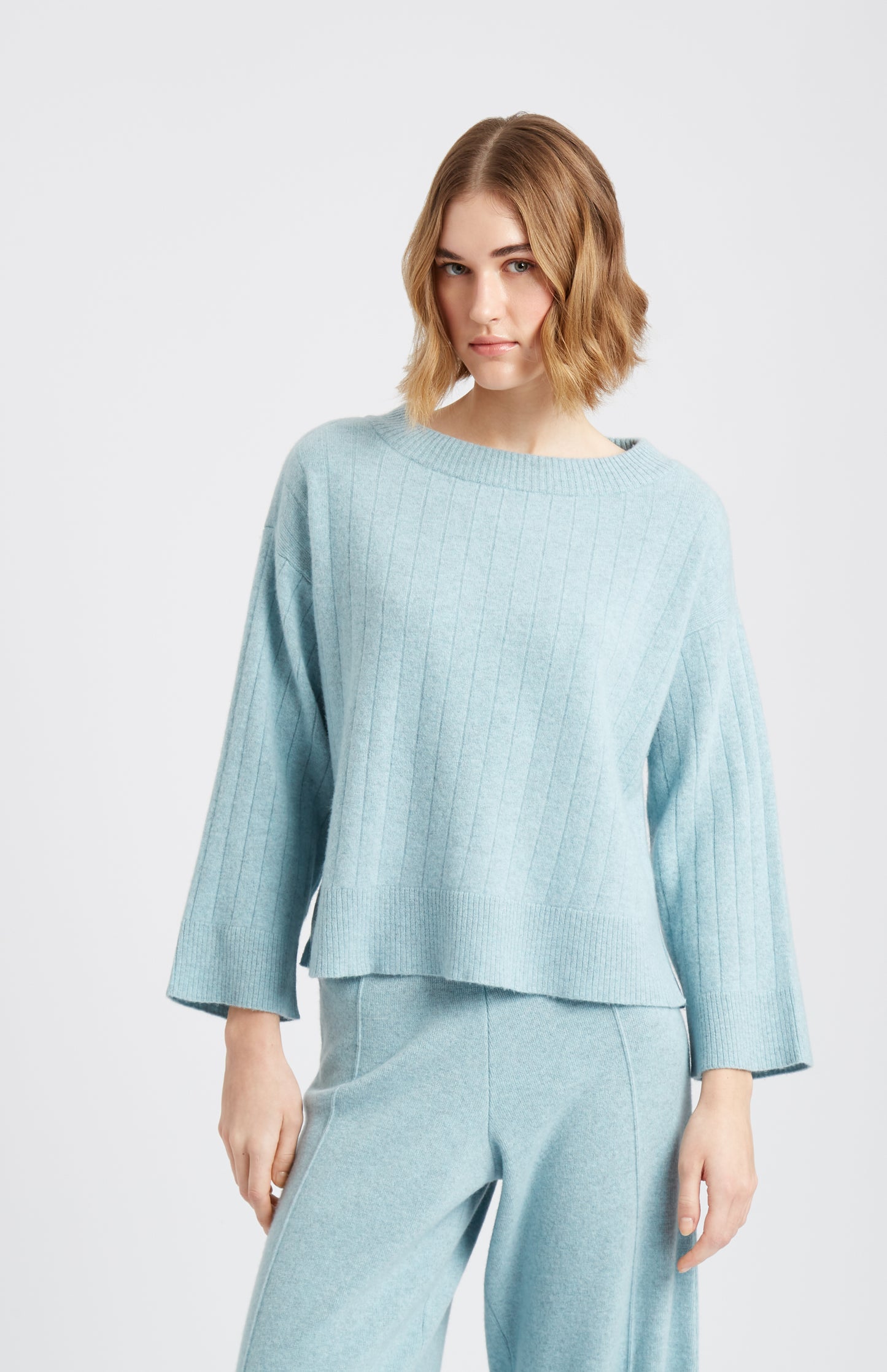 Pringle of Scotland Cashmere Blend Wide Neck Rib Jumper In Aqua on model