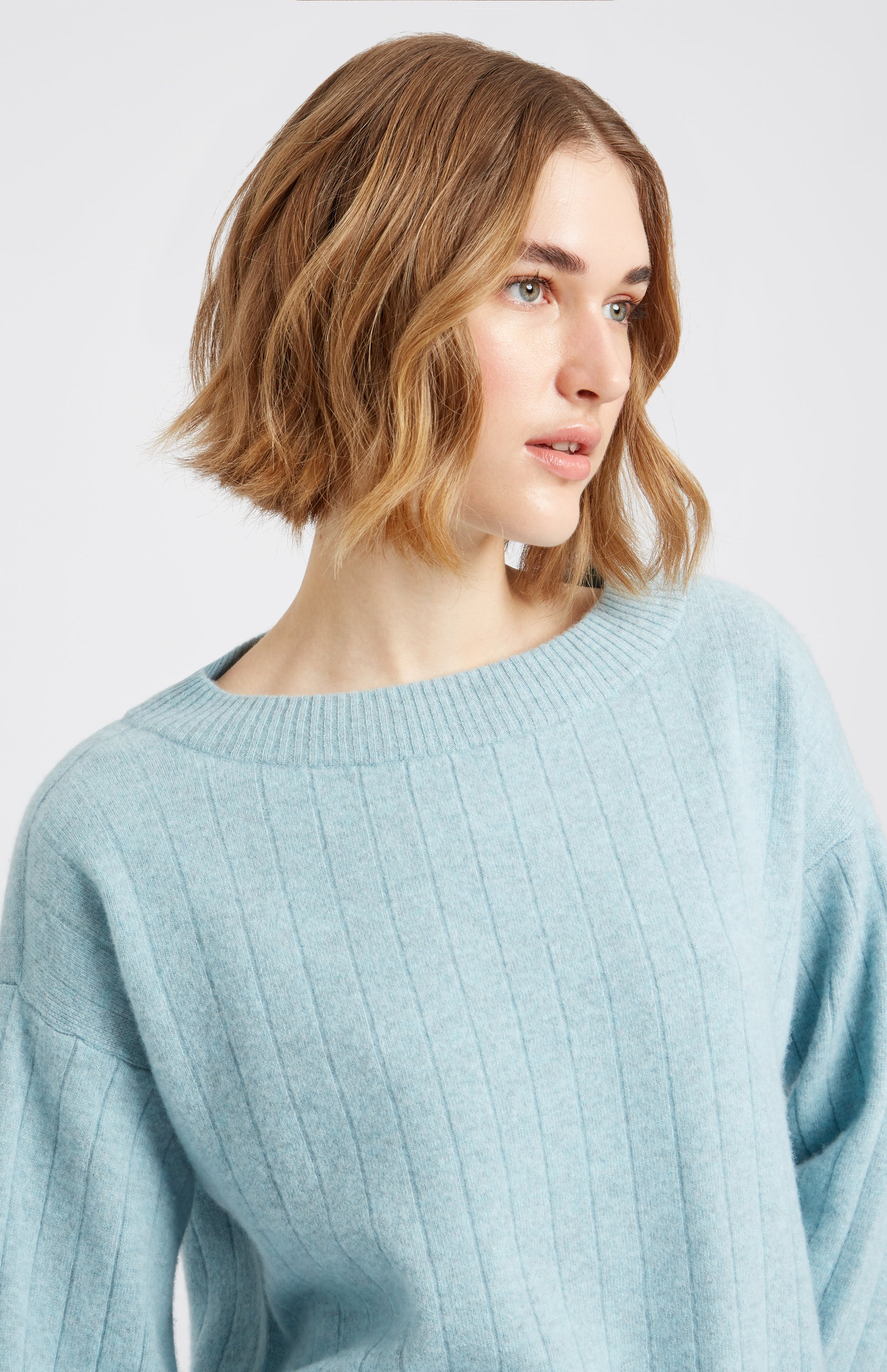 Pringle of Scotland Cashmere Blend Wide Neck Rib Jumper In Aqua showing neck detail