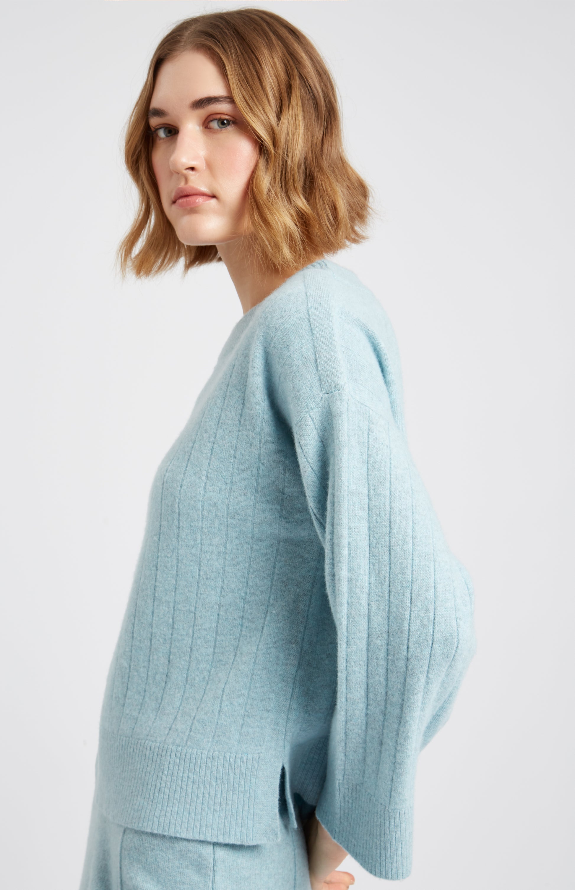 Pringle of Scotland Cashmere Blend Wide Neck Rib Jumper In Aqua side view