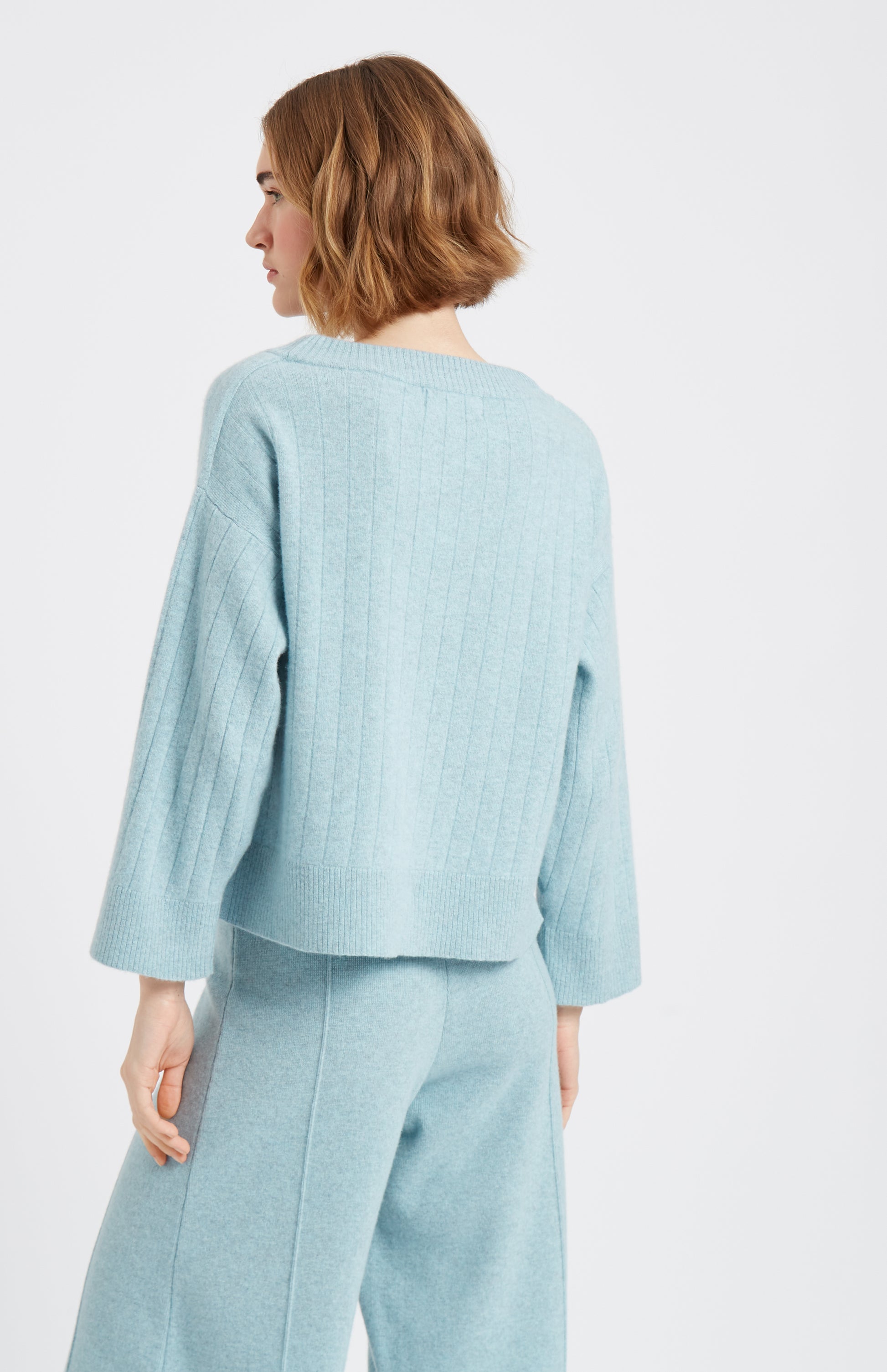 Pringle of Scotland Cashmere Blend Wide Neck Rib Jumper In Aqua rear view