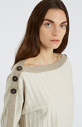 Pringle of Scotland Bateau Neck Merino Jumper with Broad Rib in Natural showing sleeve button detail