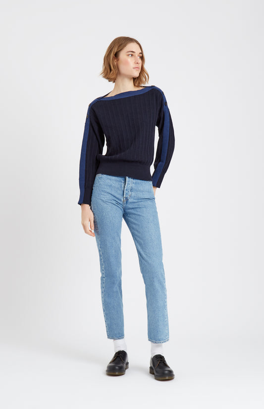 Pringle of Scotland Bateau Neck Merino Jumper with Broad Rib in Navy on model full length