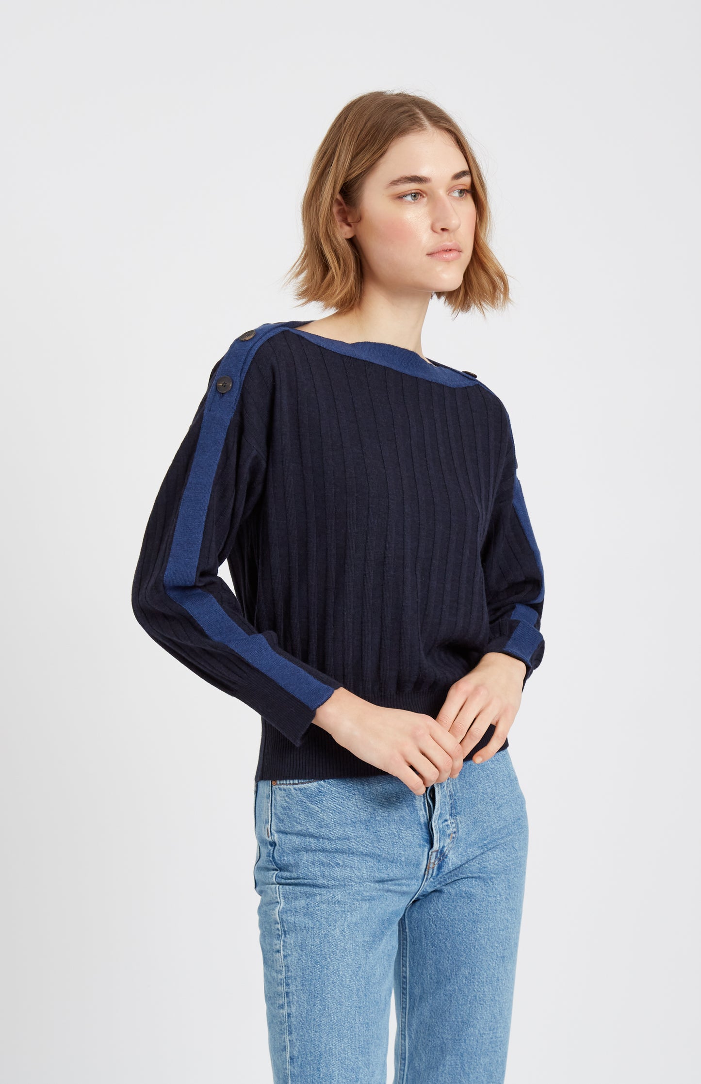 Pringle of Scotland Bateau Neck Merino Jumper with Broad Rib in Navy on model