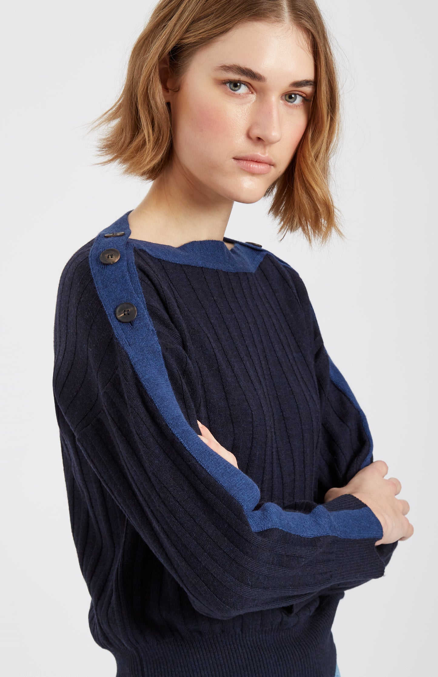 Pringle of Scotland Bateau Neck Merino Jumper with Broad Rib in Navy showing sleeve detail