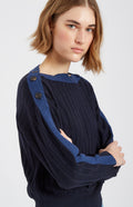 Pringle of Scotland Bateau Neck Merino Jumper with Broad Rib in Navy showing sleeve detail