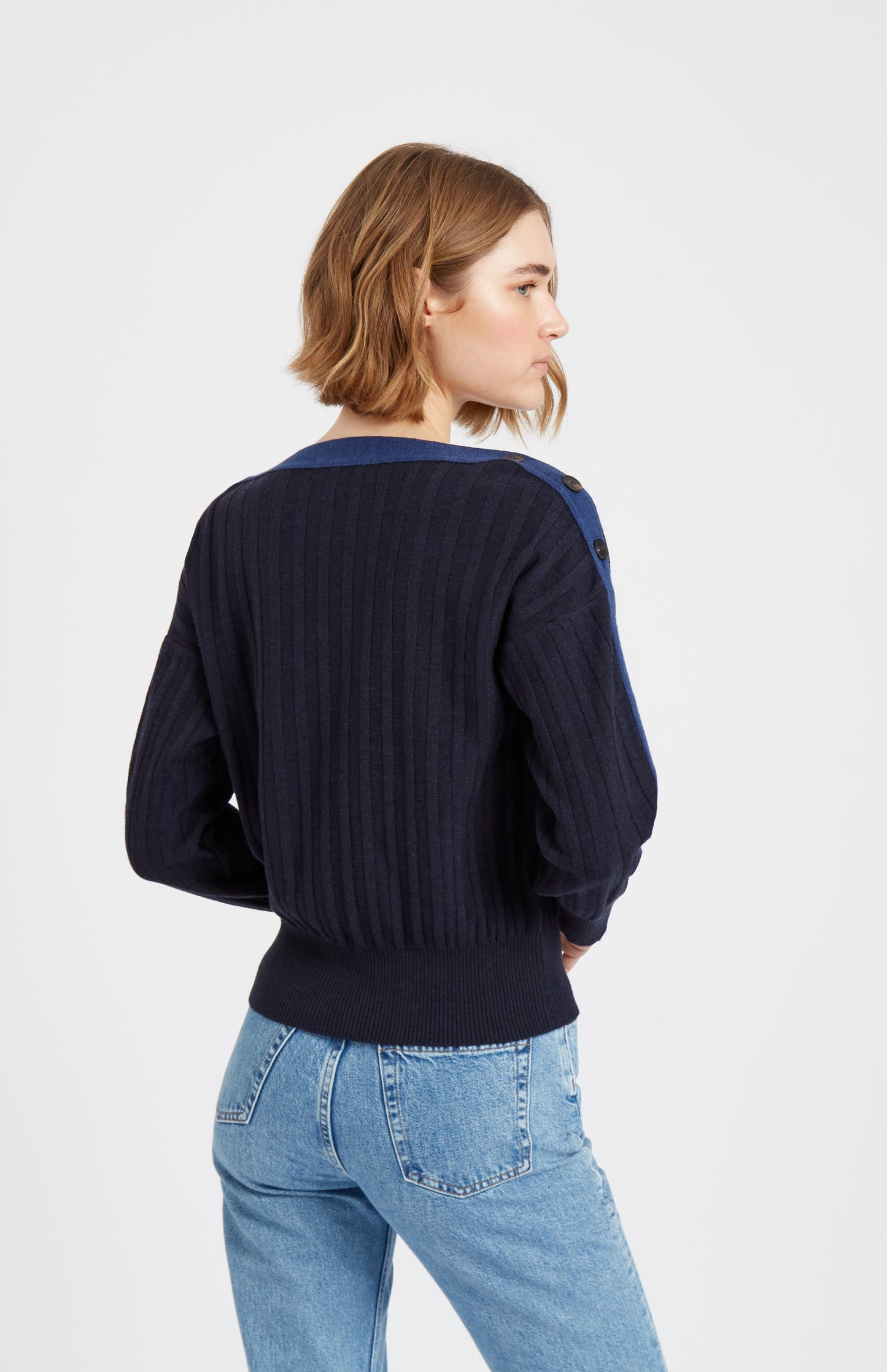 Pringle of Scotland Bateau Neck Merino Jumper with Broad Rib in Navy rear view