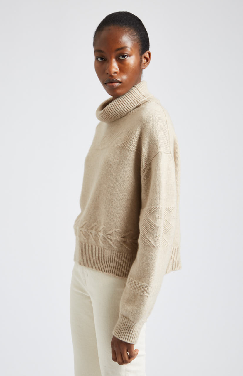 Roll Neck Guernsey Cashmere Jumper in Light Oatmeal side view - Pringle of Scotland