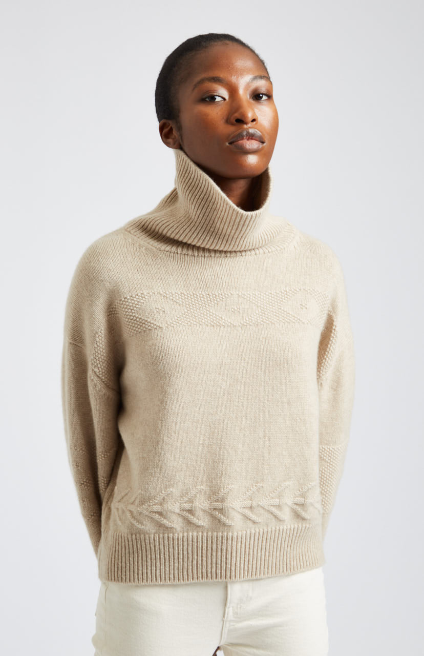 Roll Neck Guernsey Cashmere Jumper in Light Oatmeal - Pringle of Scotland