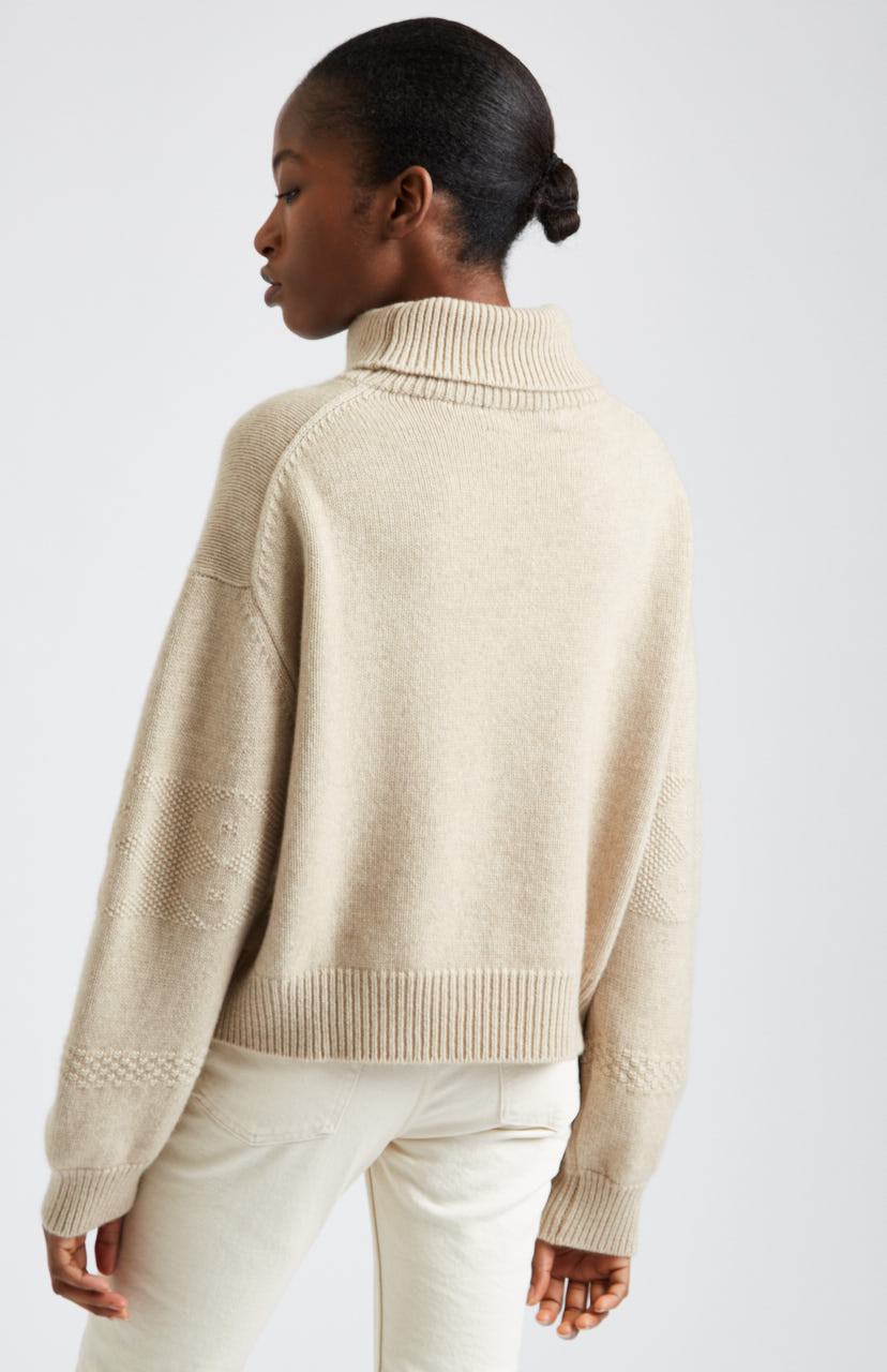 Roll Neck Guernsey Cashmere Jumper in Light Oatmeal rear view - Pringle of Scotland