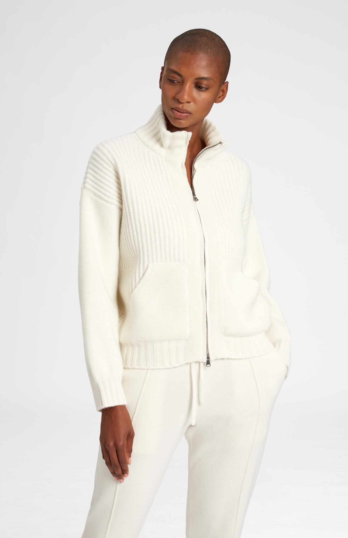 Cashmere Blend Zip Thru Jacket in Cream - Pringle of Scotland