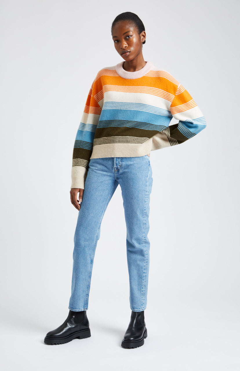 Brushed Lambswool jumper with allover stripe in powder pink on model - Pringle of Scotland