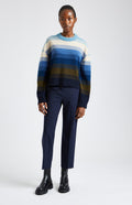 Brushed Lambswool jumper with allover stripe in Blue Smoke on female model - Pringle of Scotland