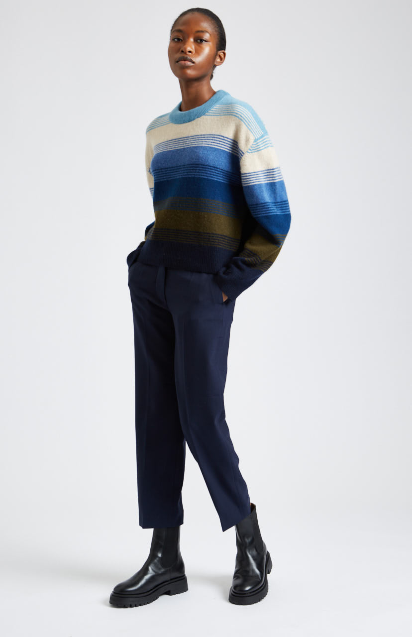 Brushed Lambswool jumper with allover stripe in Blue Smoke side view - Pringle of Scotland