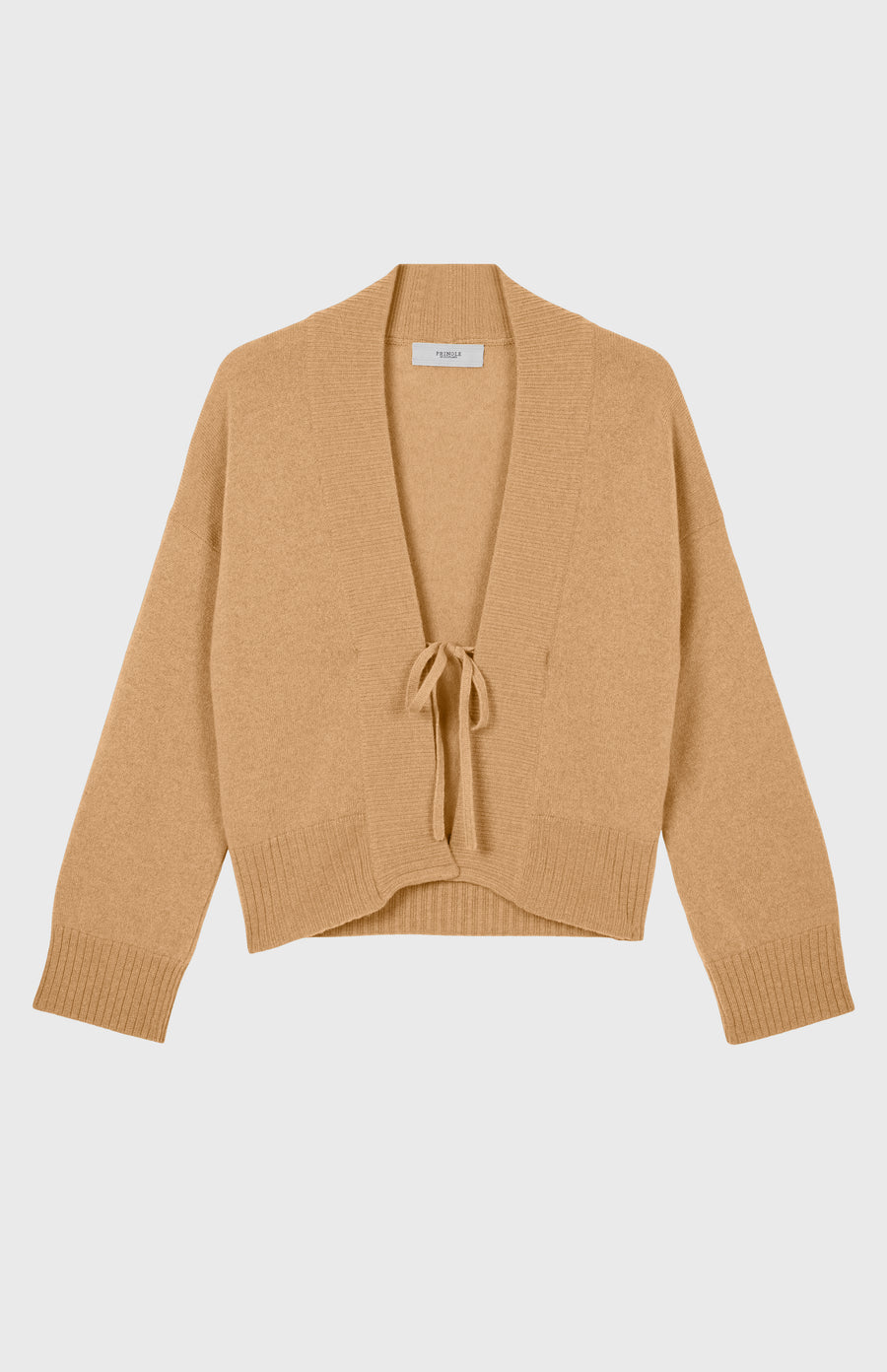 Women's Lightweight Cashmere Open Cardigan with Tie in Sand flat shot
