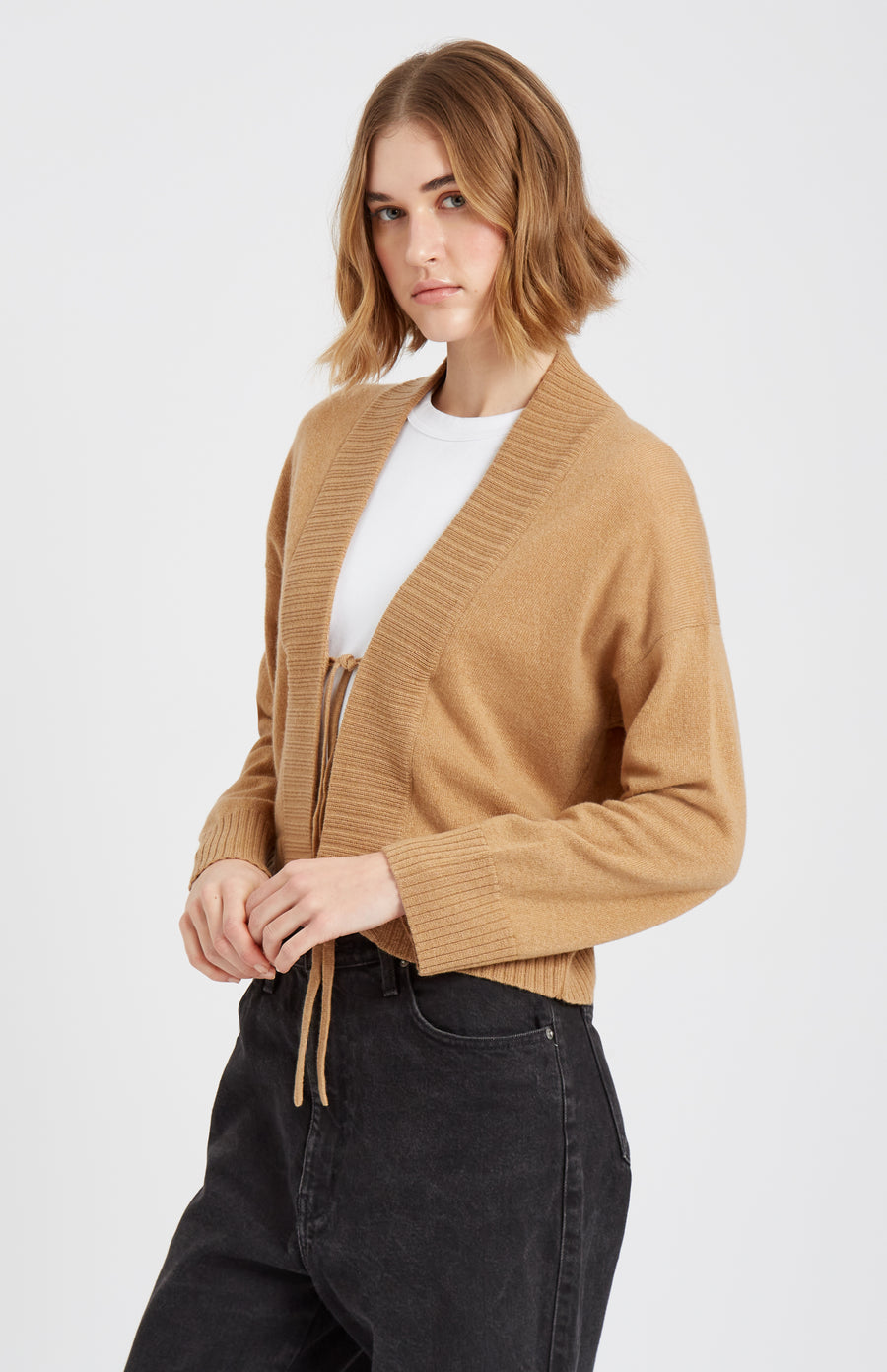 Women's Lightweight Cashmere Open Cardigan with Tie in Sand