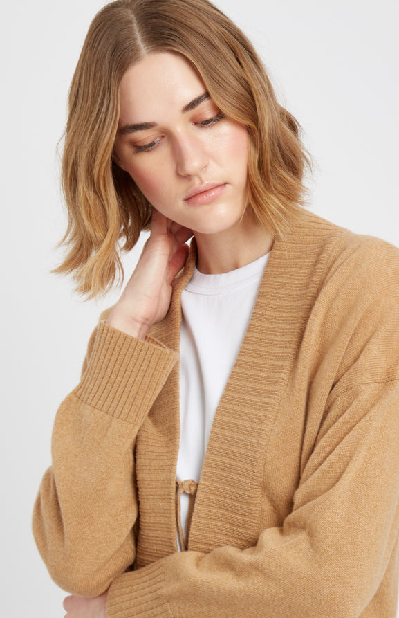 Women's Lightweight Cashmere Open Cardigan with Tie in Sand