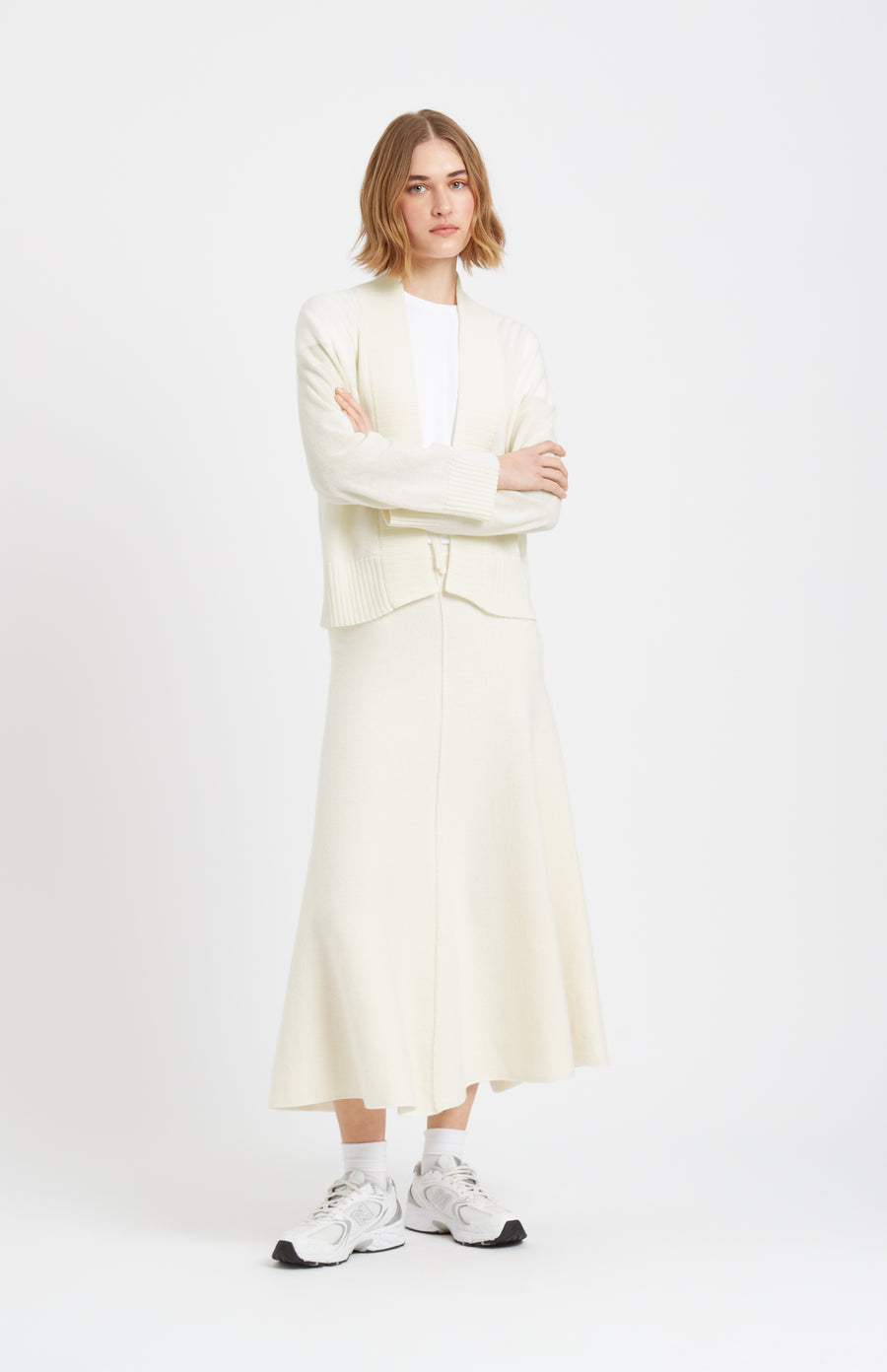Pringle of Scotland Lightweight Cashmere Cardigan with Tie in Off White with matching skirt