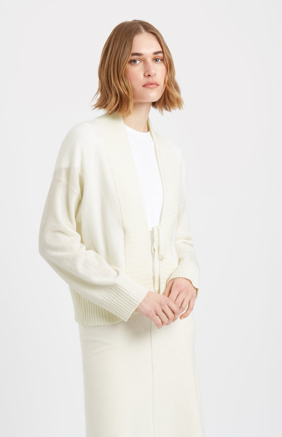Women's Lightweight Cashmere Open Cardigan With Tie In Off White