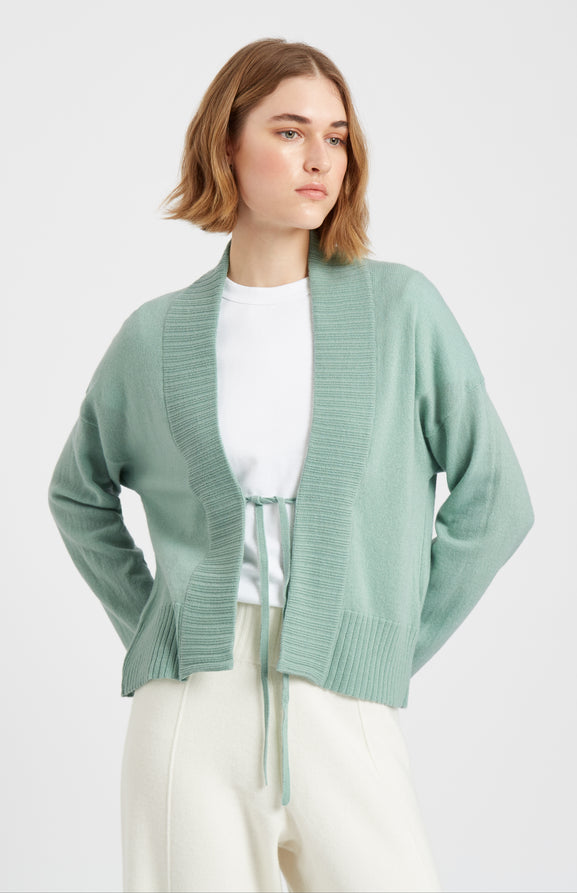 Women's Lightweight Cashmere Open Cardigan With Tie In Aniseed Green