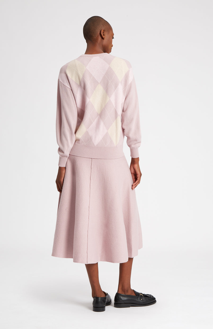 Cashmere Blend Midi Skirt In Powder Pink on model rear view - Pringle of Scotland