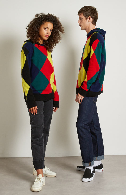 Pringle Reissued Unisex Harlequin Argyle Hoodie on female and male model