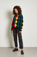 Pringle Reissued Unisex Harlequin Argyle Sweater in multi colours on women's model