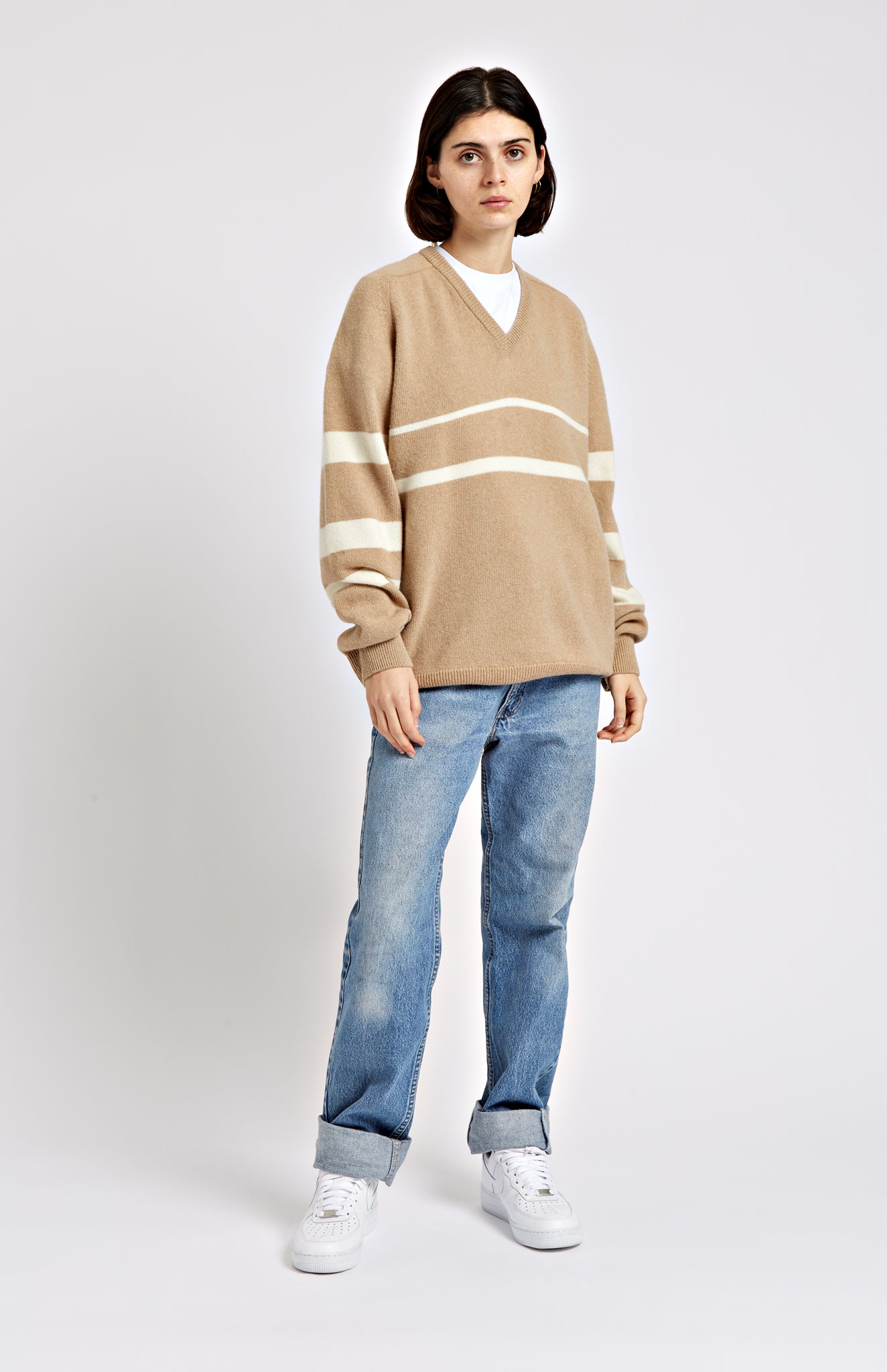 Pringle of Scotland | Archive Stripe Lambswool Blend Jumper In Camel/Ivory Women Full Body