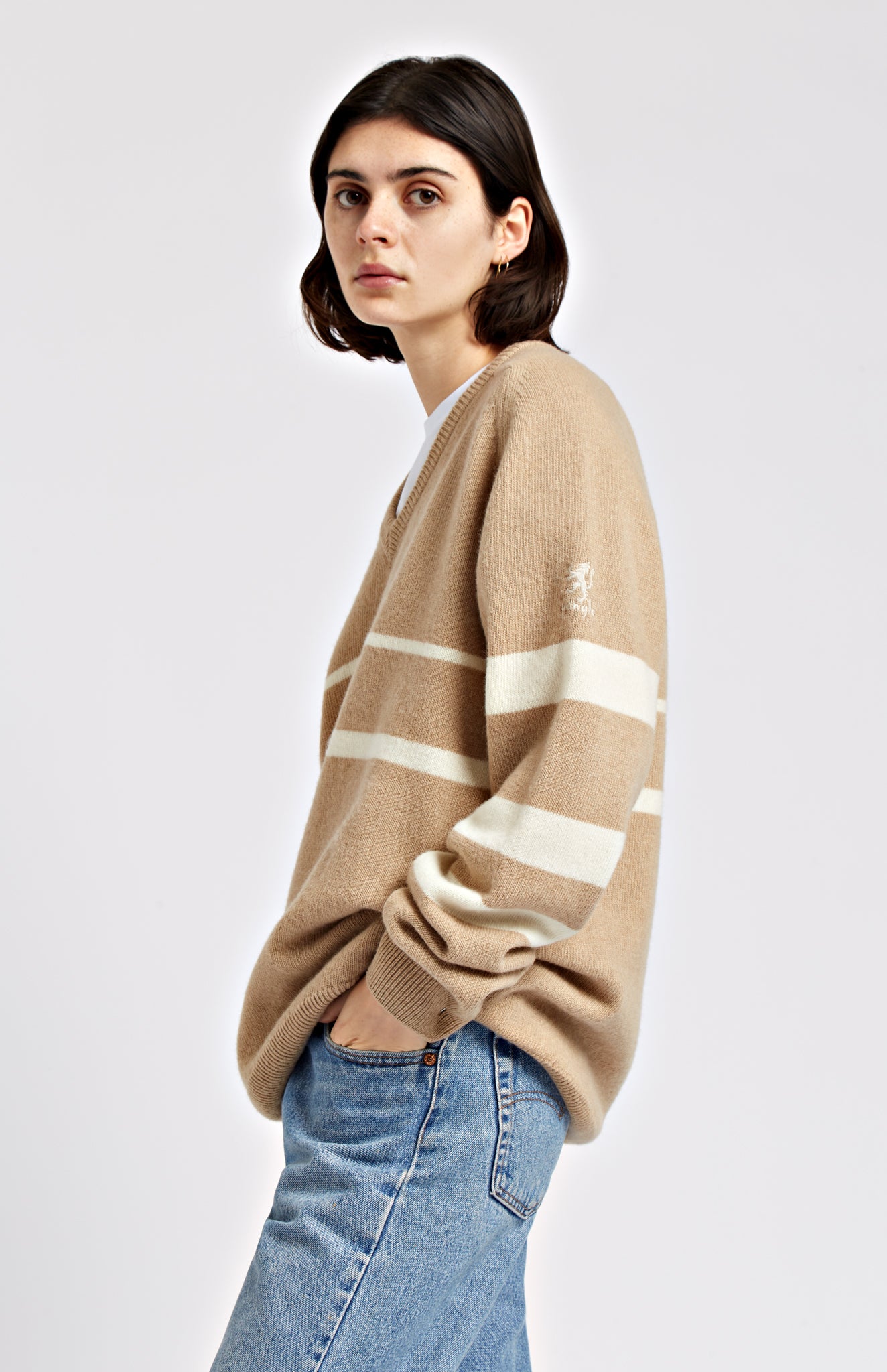 Pringle of Scotland | Archive Stripe Lambswool Blend Jumper In Camel/Ivory Women Close Up