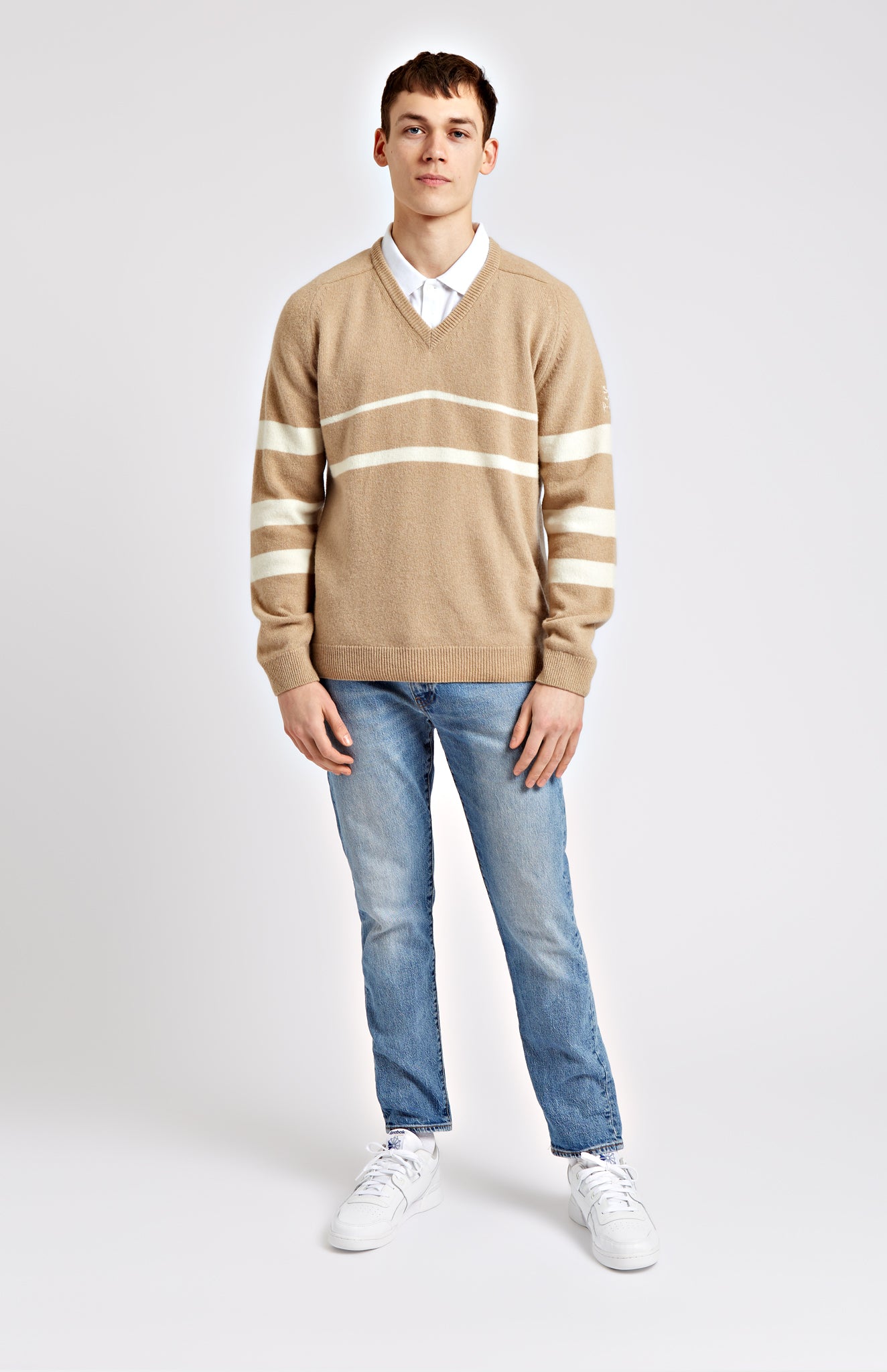 Pringle of Scotland | Archive Stripe Lambswool Blend Jumper In Camel/Ivory Men Full Body