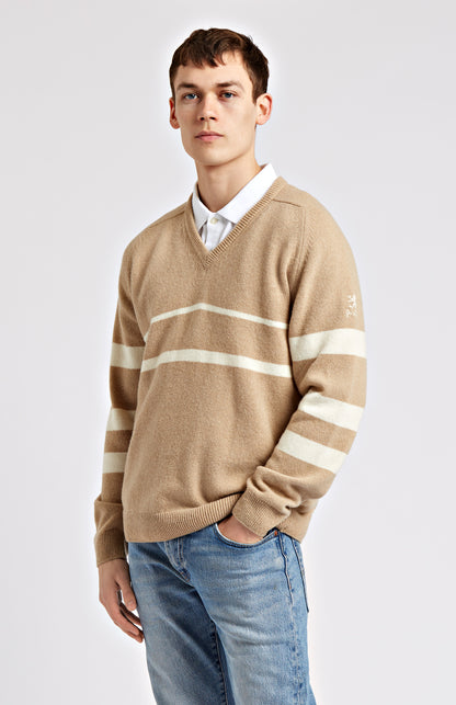 Pringle of Scotland | Archive Stripe Lambswool Blend Jumper In Camel/Ivory Men Close Up