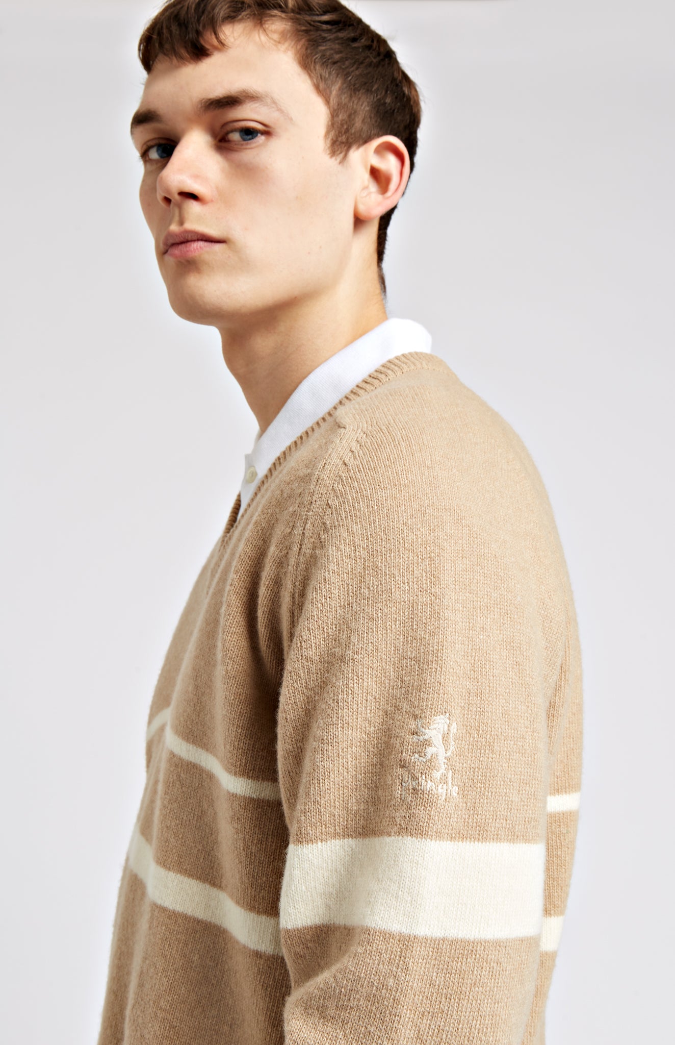 Pringle of Scotland | Archive Stripe Lambswool Blend Jumper In Camel/Ivory Men Detail