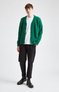 V Neck Brushed Sheltand Wool Cardigan in Emerald on model full length - Pringle of Scotland