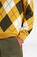 Unisex heritage argyle golf jumper in Mustard & Ivory cuff detail -Pringle of Scotland